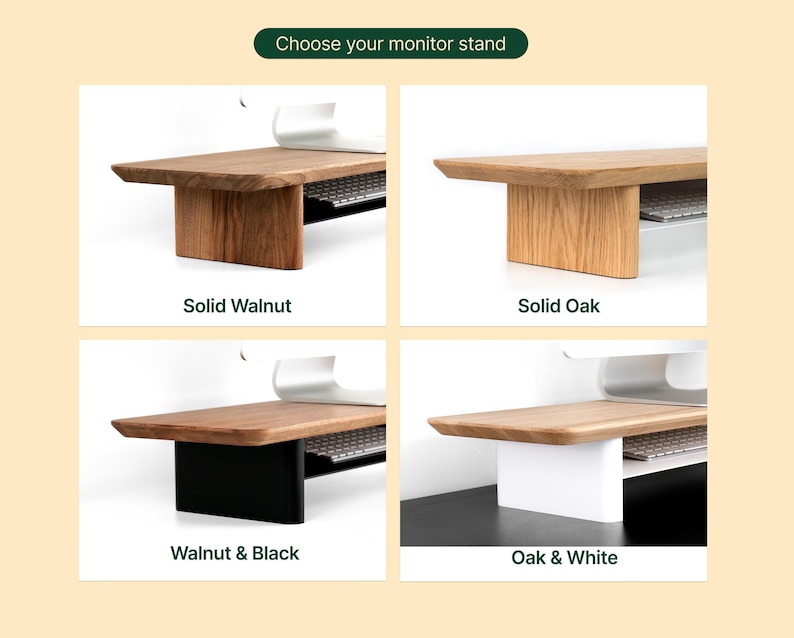 four different types of monitor stands, each with a distinct color and design, allowing the viewer to choose their preferred option.