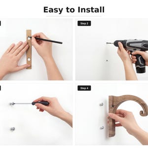 The image is a step-by-step guide on how to install a wooden hanger on a wall, with four images showing the process from attaching the wooden hanger to drilling holes and using a drill to secure it to the wall.