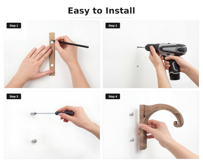 The image is a step-by-step guide on how to install a wooden hanger on a wall, with four images showing the process from attaching the wooden hanger to drilling holes and using a drill to secure it to the wall.