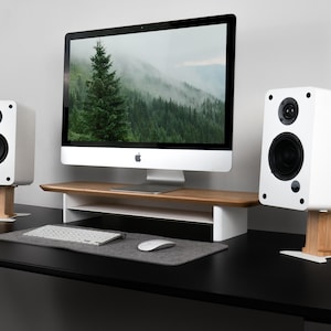Estante de escritorio de madera con soporte para monitor y almacenamiento - Elevador de monitor de escritorio