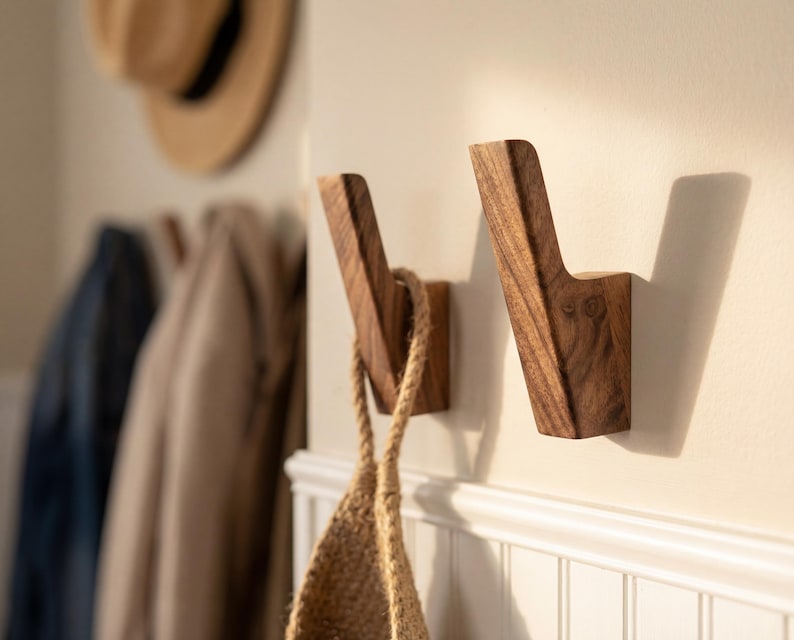 a wooden coat rack with two hooks mounted on a wall, holding coats and a hat.
