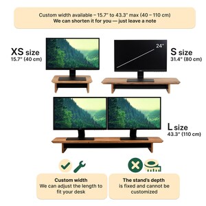 three different monitor sizes and stands, each with a custom width available. The image is a collage of three images, each showing a different monitor size and stand. The image includes text that provides information about the custom width available for each monitor size and the stand's depth.