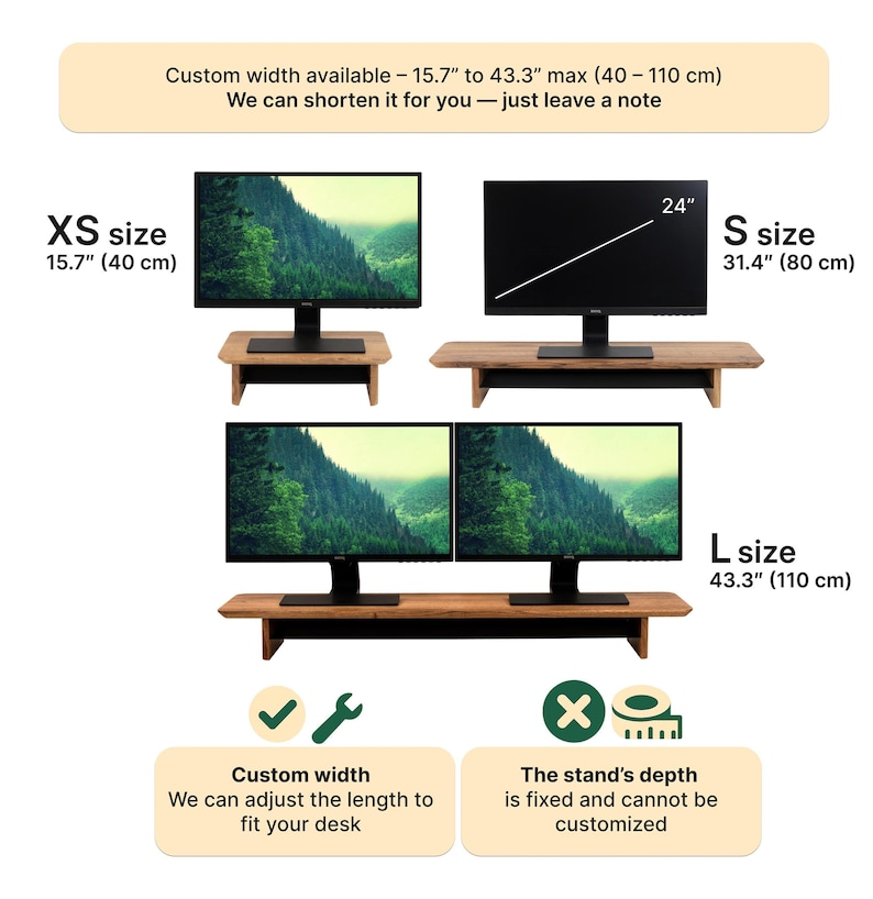 three different monitor sizes and stands, each with a custom width available. The image is a collage of three images, each showing a different monitor size and stand. The image includes text that provides information about the custom width available for each monitor size and the stand's depth.