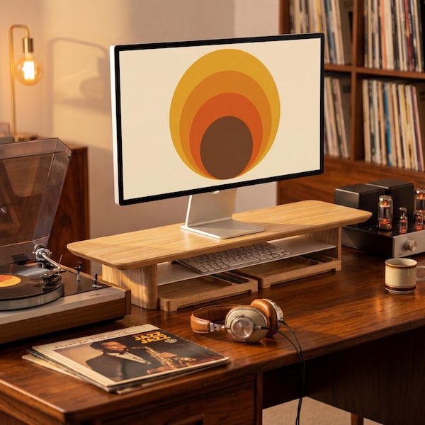 Support d'écran en bois pour bureau, support de bureau pour ordinateur avec organisateur de stockage, étagère en bois pour ordinateur portable