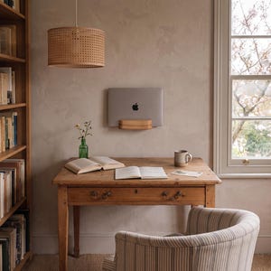 Minimalist Wood Laptop Wall Mount, Floating Vertical Stand for MacBook, Solid Walnut or Ash, Modern Home Office Decor