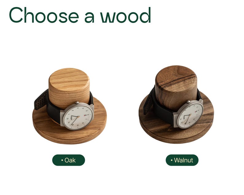 two wooden watch holders, each with a watch placed on top. The watch holder on the left is made of oak, and the one on the right is made of walnut.