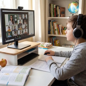 A young boy wearing headphones is sitting at a desk, intently focused on a computer screen displaying a video call with multiple participants.