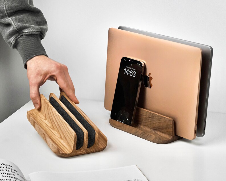 Laptop holder, vertical laptop stand, MacBook pro stand, phone stand, iPad stand, MacBook dock, MacBook holder, desk setup image 1