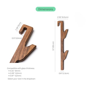 two wooden objects, likely a hook or a similar item, with dimensions provided. The objects appear to be made of wood and are described as compatible with glass thicknesses of 0.39 mm (10mm), 0.47 mm (12mm), and 0.67 mm (15mm). The image also includes a dropdown menu for selecting the size of the object.