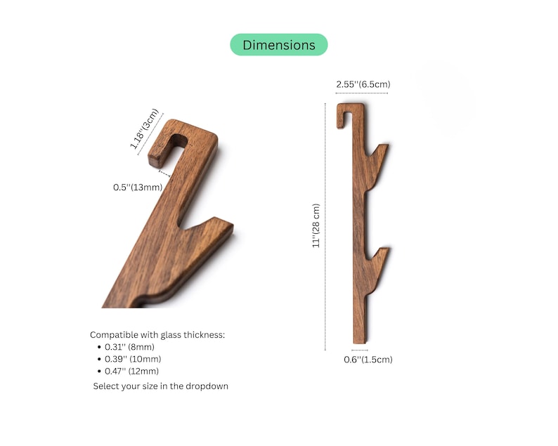 two wooden objects, likely a hook or a similar item, with dimensions provided. The objects appear to be made of wood and are described as compatible with glass thicknesses of 0.39 mm (10mm), 0.47 mm (12mm), and 0.67 mm (15mm). The image also includes a dropdown menu for selecting the size of the object.
