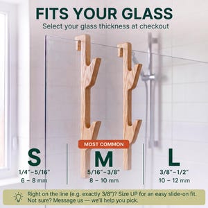 a selection of glass hooks or clamps, each labeled with a size ranging from S to L. The hooks are designed to fit different glass thicknesses, allowing customers to choose the appropriate size based on their needs.