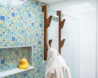 Shower Glass Door Towel Hook, Wooden Over Door No Drill, Handmade Walnut and Oak hooks, Unique Bathroom Decor, Housewarming Gift