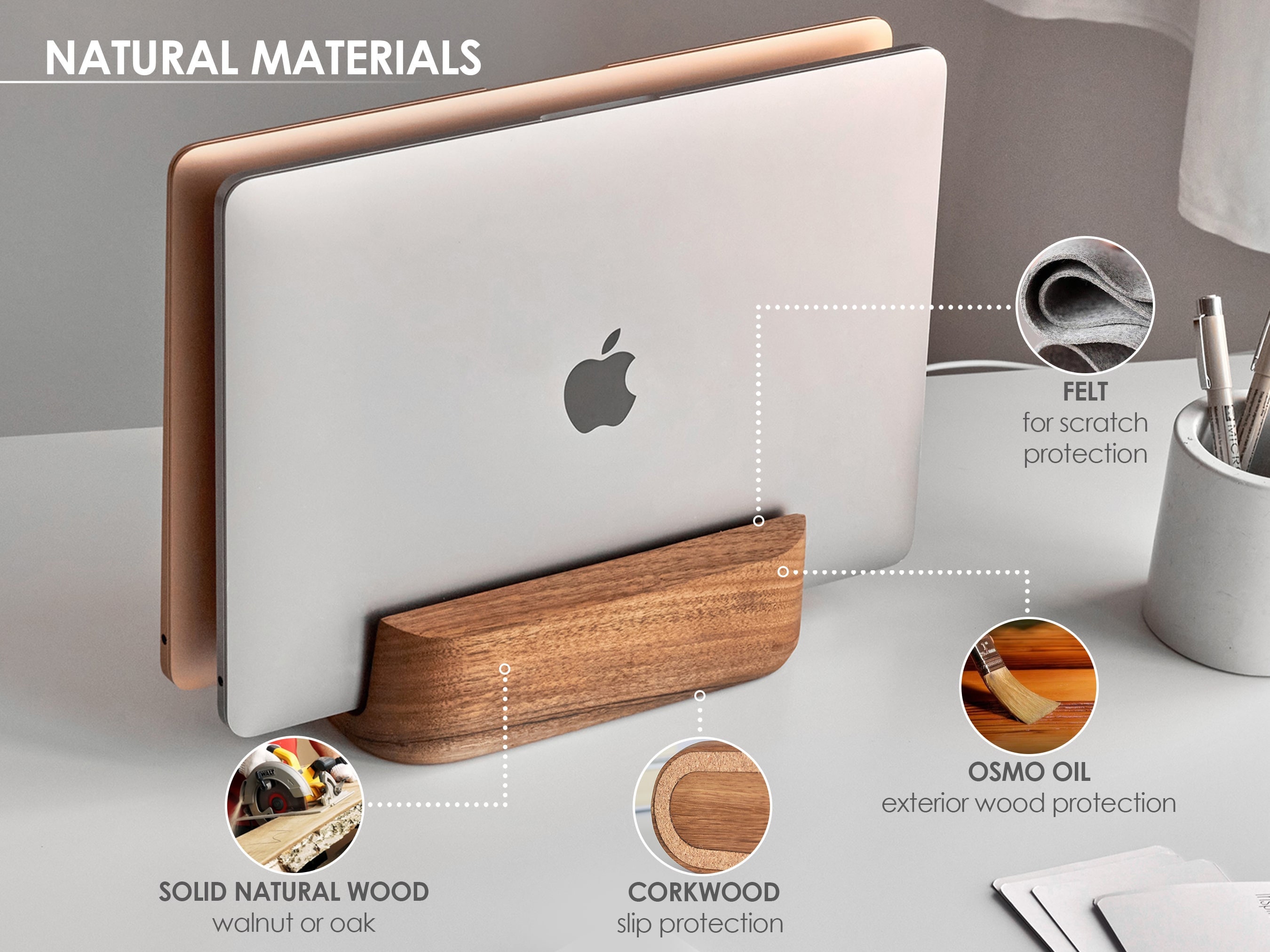 Vertical Wood Laptop Stand for MacBook , Walnut or Ash Holder Best 