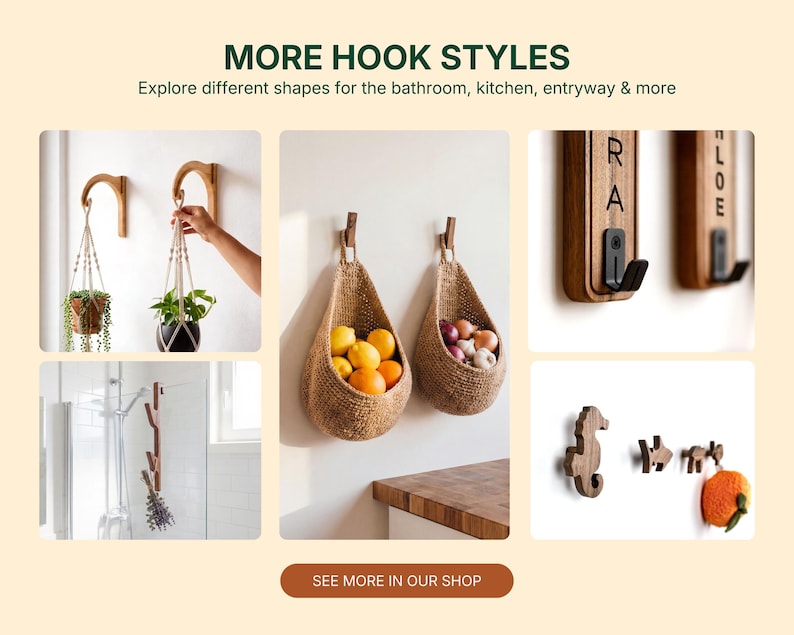 The image is a collage of various items, including a person's hand holding a plant, a hanging basket with fruits, a wooden hook with a plant, and a wooden hook with a seahorse. The collage also includes a wooden hook with a plant and a wooden hook with a seahorse. The image does not contain any text, and the collage does not describe each item individually.
