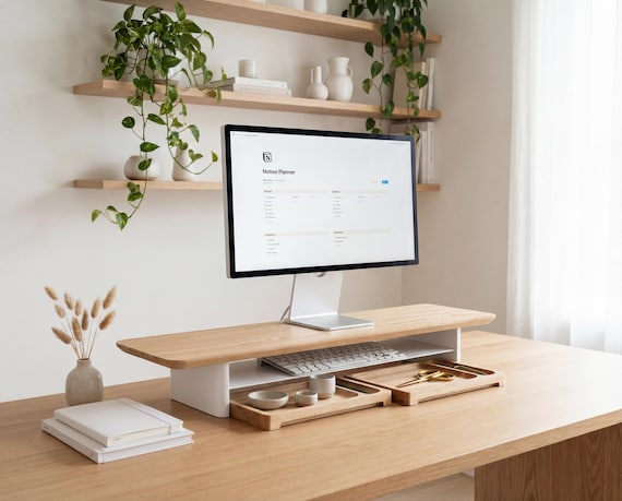 Desk Shelf Monitor Stand With Storage, Desk Monitor Riser, Wooden