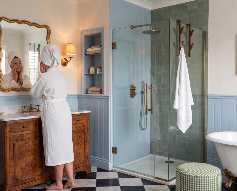 A woman in a white bathrobe stands at a bathroom vanity, looking at herself in the mirror. The bathroom has a blue and white color scheme, with a glass-enclosed shower, a sink, and a bathtub.