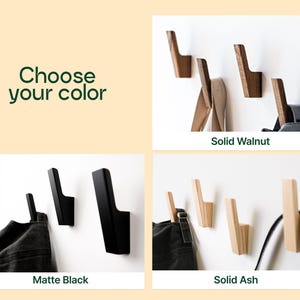 The image is a collage of four different types of wooden hooks or hangers, each with a different color and design, along with a text overlay that reads "Choose your color".