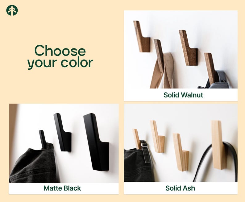 The image is a collage of four different types of wooden hooks or hangers, each with a different color and design, along with a text overlay that reads "Choose your color".