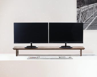 Desk Shelf Dual Monitor Stand with metal shelf storage, Desk Monitor Riser wooden