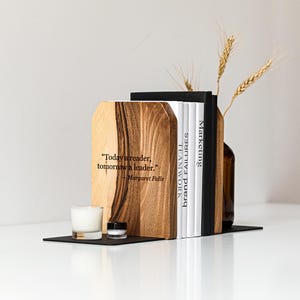Unique decor wooden and metal book end 1 piece for bookshelf, Book holder, Best book lover gift, Graduation gift for him, Engraved bookends
