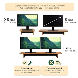 three different monitor sizes and stands, each with a custom width available. The image is a collage of three images, each showing a different monitor size and stand. The image includes text that provides information about the custom width available for each monitor size and the stand's depth.