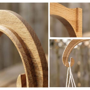 The image is a collage of three close-up photographs of a wooden object, likely a piece of furniture or a decorative item. The first photograph shows the curved, wooden object from a side angle, the second photograph provides a more detailed view of the curved shape and texture of the object, and the third photograph captures the object from a top-down perspective, highlighting its intricate design and craftsmanship.