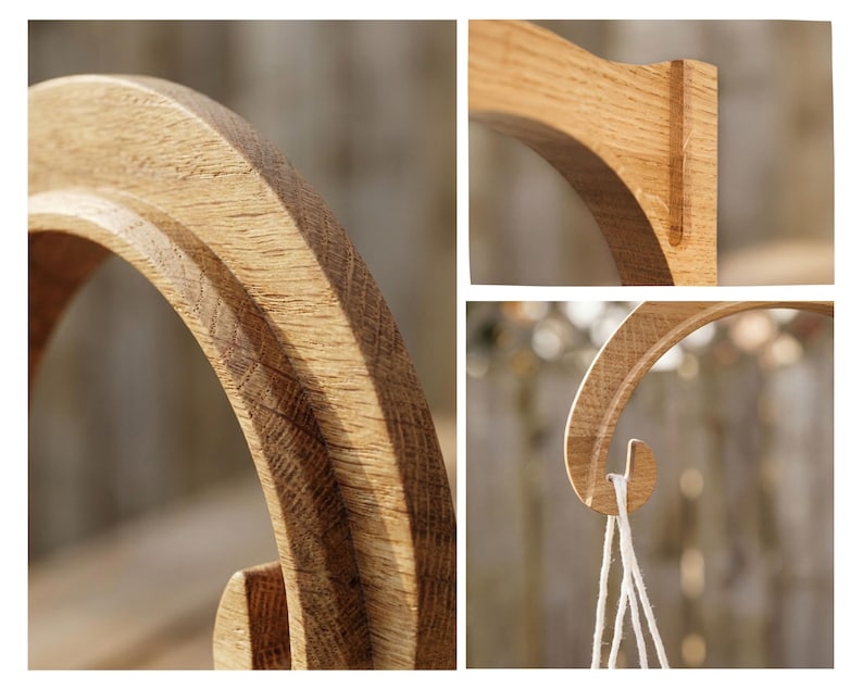 The image is a collage of three close-up photographs of a wooden object, likely a piece of furniture or a decorative item. The first photograph shows the curved, wooden object from a side angle, the second photograph provides a more detailed view of the curved shape and texture of the object, and the third photograph captures the object from a top-down perspective, highlighting its intricate design and craftsmanship.