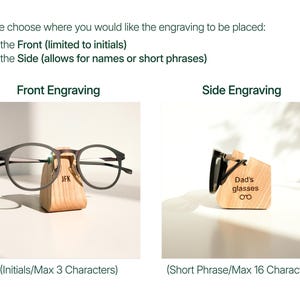 two different types of eyeglasses holders, each with a personalized engraving. The holder on the left is designed for initials, while the holder on the right is designed for short phrases.