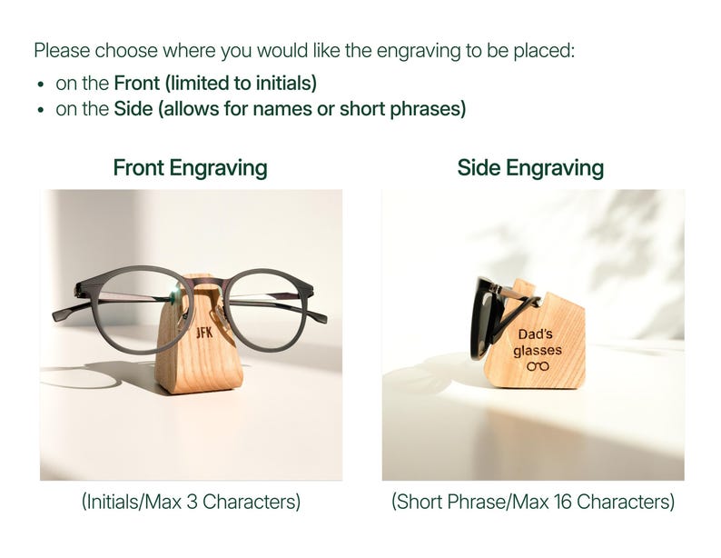 two different types of eyeglasses holders, each with a personalized engraving. The holder on the left is designed for initials, while the holder on the right is designed for short phrases.