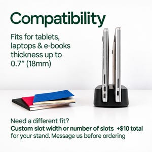 a docking station with two tablet devices and a stack of books, along with text providing information about the compatibility of the docking station with various devices.