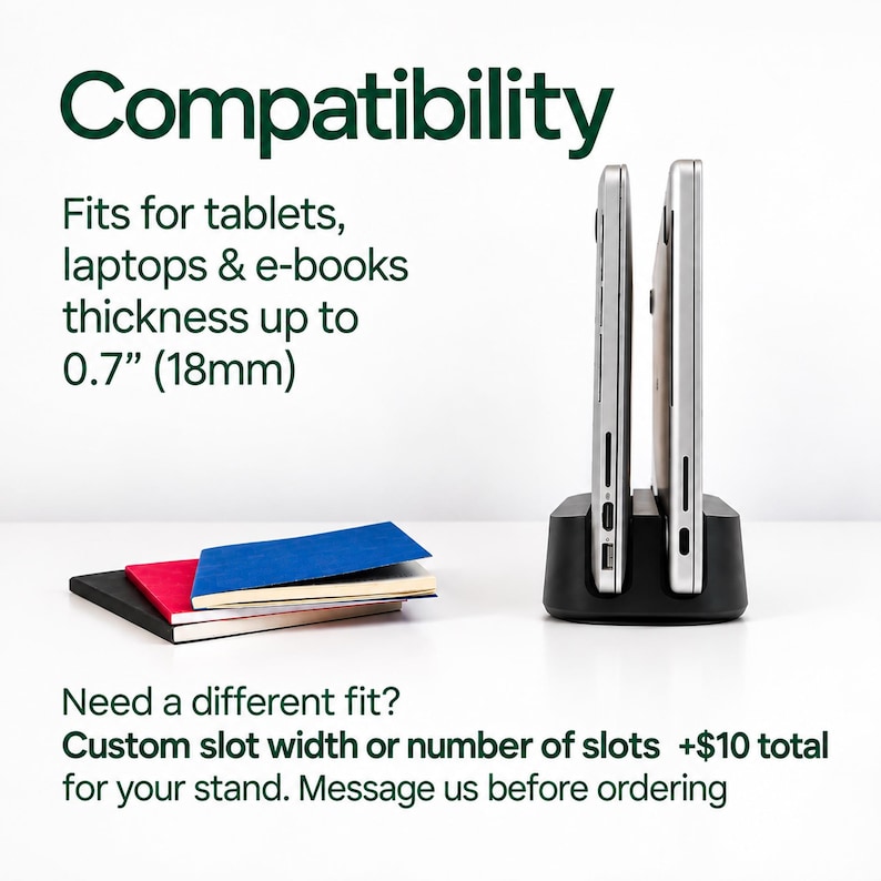a docking station with two tablet devices and a stack of books, along with text providing information about the compatibility of the docking station with various devices.
