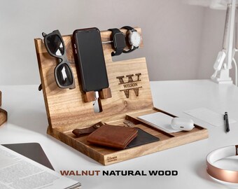 Custom Natural wood Dock station for iPhone and Apple watch men with  desk organizer tray