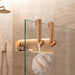Oak Shower Hook for Glass Door – No Drill Towel Hanger Frameless Door | Minimalist Scandi Bathroom Decor