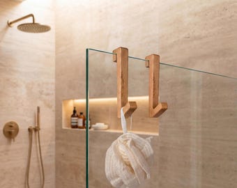 Oak Shower Hook for Glass Door – No Drill Towel Hanger Frameless Door | Minimalist Scandi Bathroom Decor