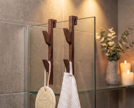 Wooden Towel Hooks for Shower Glass Door — Handmade Walnut Bathroom Decor