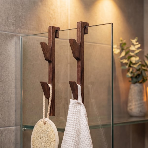 Crochets à serviette en bois pour porte de douche en verre — Déco salle de bain noyer fait main