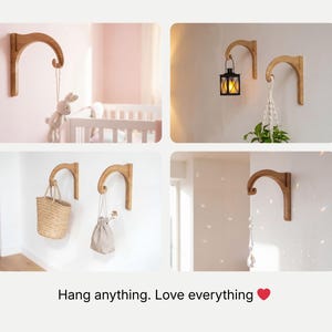 The image is a collage of four photos showing various ways to hang items on a wall, including a wooden hanger, a hanging plant, a hanging bag, and a hanging lantern.