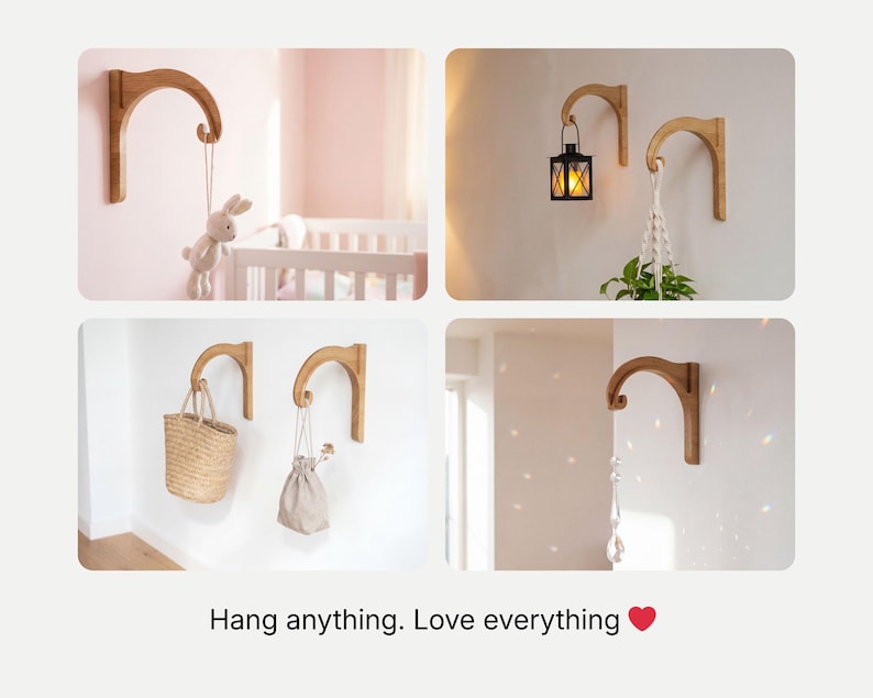 The image is a collage of four photos showing various ways to hang items on a wall, including a wooden hanger, a hanging plant, a hanging bag, and a hanging lantern.
