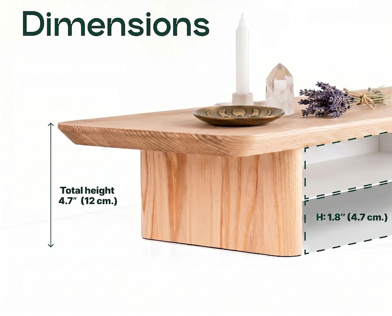 a wooden coffee table with a candle, a crystal, and a bouquet of lavender flowers on it. The table has a total height of 4.7 inches (12 centimeters).