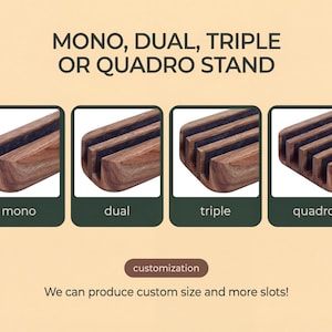 The image is a collage of four images depicting different types of wooden slats or sliders, including a monochrome, dual, triple, and quadro stand.