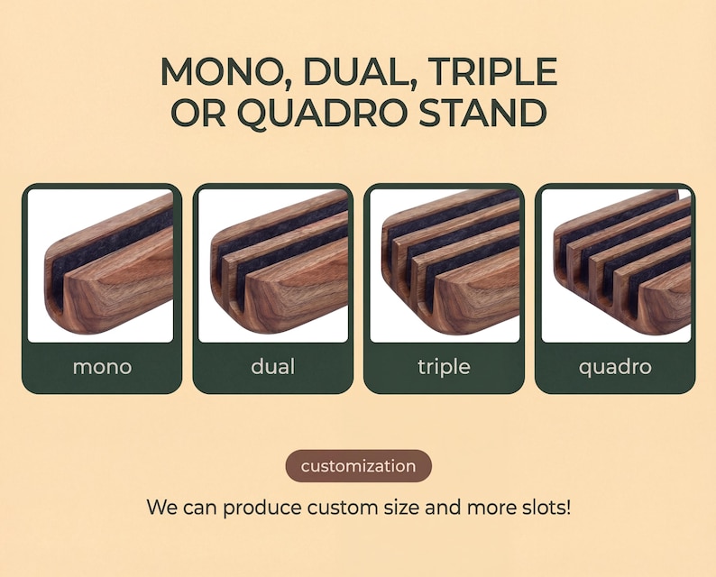 The image is a collage of four images depicting different types of wooden slats or sliders, including a monochrome, dual, triple, and quadro stand.