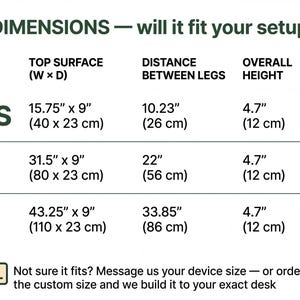 The image is a table with dimensions listed for various desk sizes, and it asks whether the provided desk will fit the given desk size.