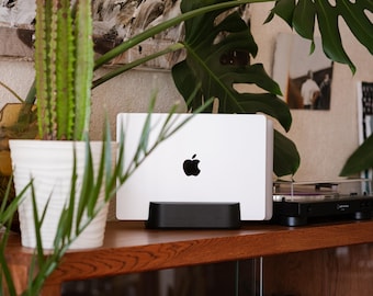 Laptop Stand for Desk | Vertical Wooden Laptop Dock | MacBook Holder Dual Slot | Tech Gift for Him | Black or Walnut