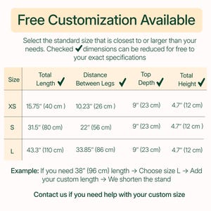 The image is a table with standard sizes and corresponding dimensions, along with a sample that allows for customizing the size based on the user's needs.