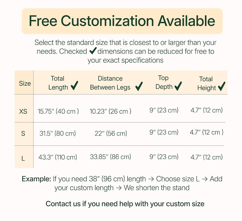 The image is a table with standard sizes and corresponding dimensions, along with a sample that allows for customizing the size based on the user's needs.