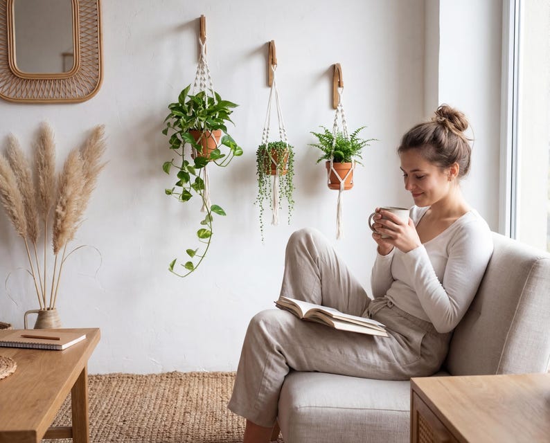 A woman sits comfortably on a couch, reading a book and sipping a beverage, surrounded by potted plants and a woven basket, creating a cozy and relaxing atmosphere.