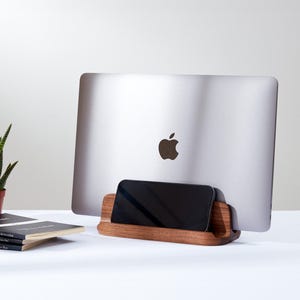 Laptop holder vertical laptop stand, double laptop stand, macbook stand wood, laptop dock stand