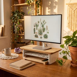 A well-organized workspace with a computer monitor, keyboard, and various plants, including a cactus plant, creating a serene and natural atmosphere.