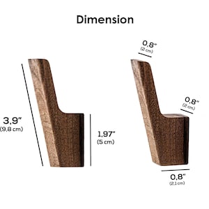 two wooden hooks or hangers, each with a different size indicated by the text. The hooks are described as having a height of 3.9 inches (9.8 cm) and a width of 1.97 inches (5.1 cm).