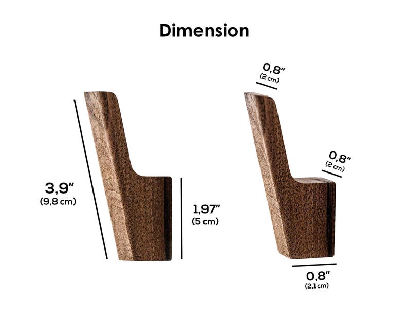 two wooden hooks or hangers, each with a different size indicated by the text. The hooks are described as having a height of 3.9 inches (9.8 cm) and a width of 1.97 inches (5.1 cm).